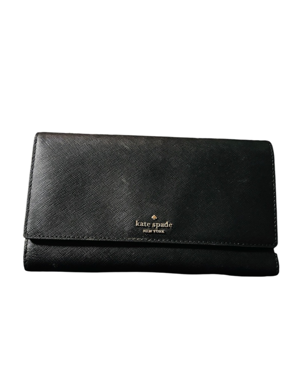 kate spade black saffiano continental wallet with gold logo